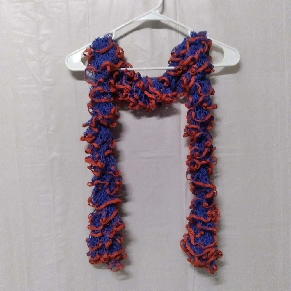 🦋 Crochet Yarn Ruffled Scarf Boho Burnt Orange Blue